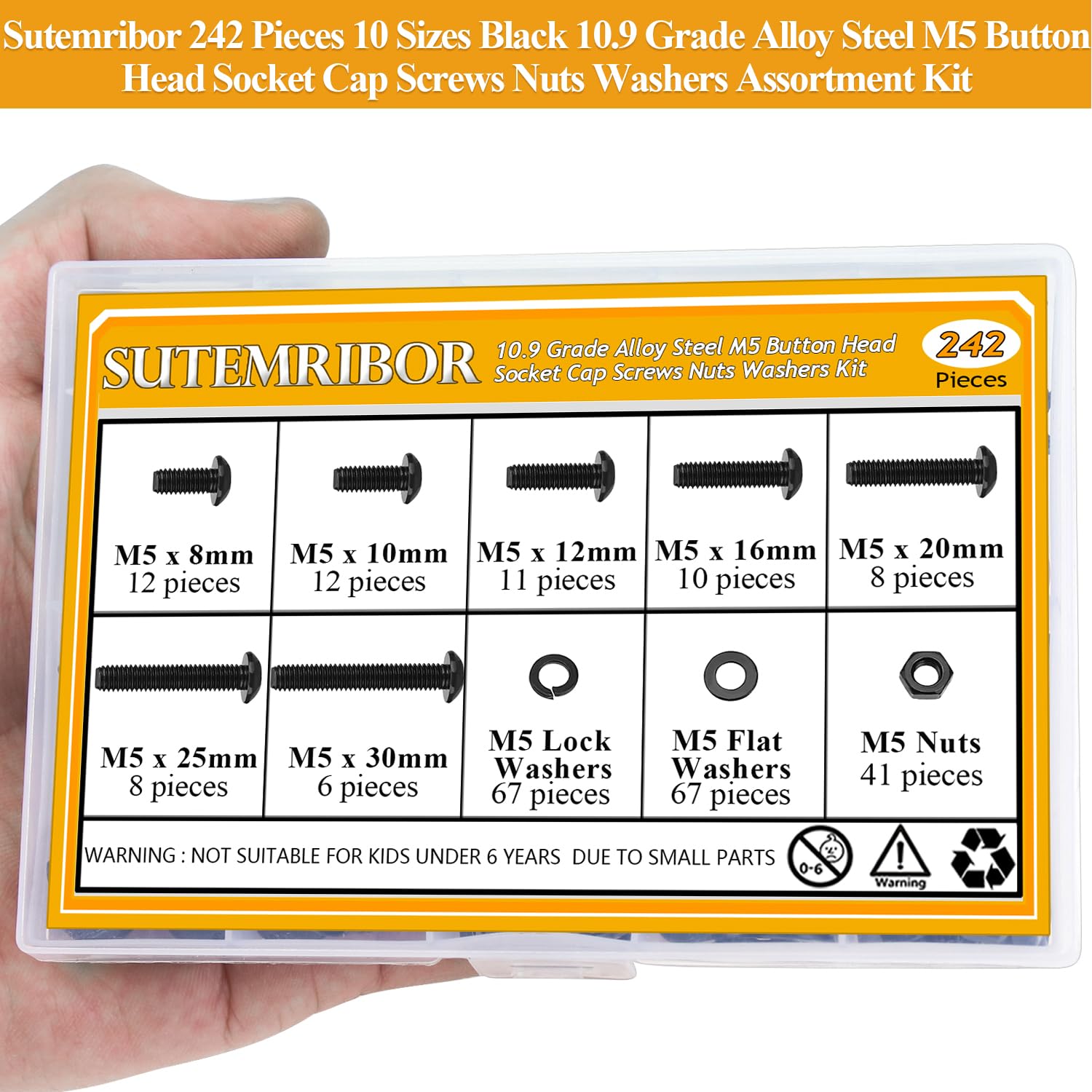 242 Pieces M5 Screws Nuts Washers Set Black, Sutemribor M5 x 8/10/12/16/20/25/30mm Button Head Socket Cap Screws Nuts Washers Assortment Kit, 10.9 Grade Alloy Steel, Fully Threaded